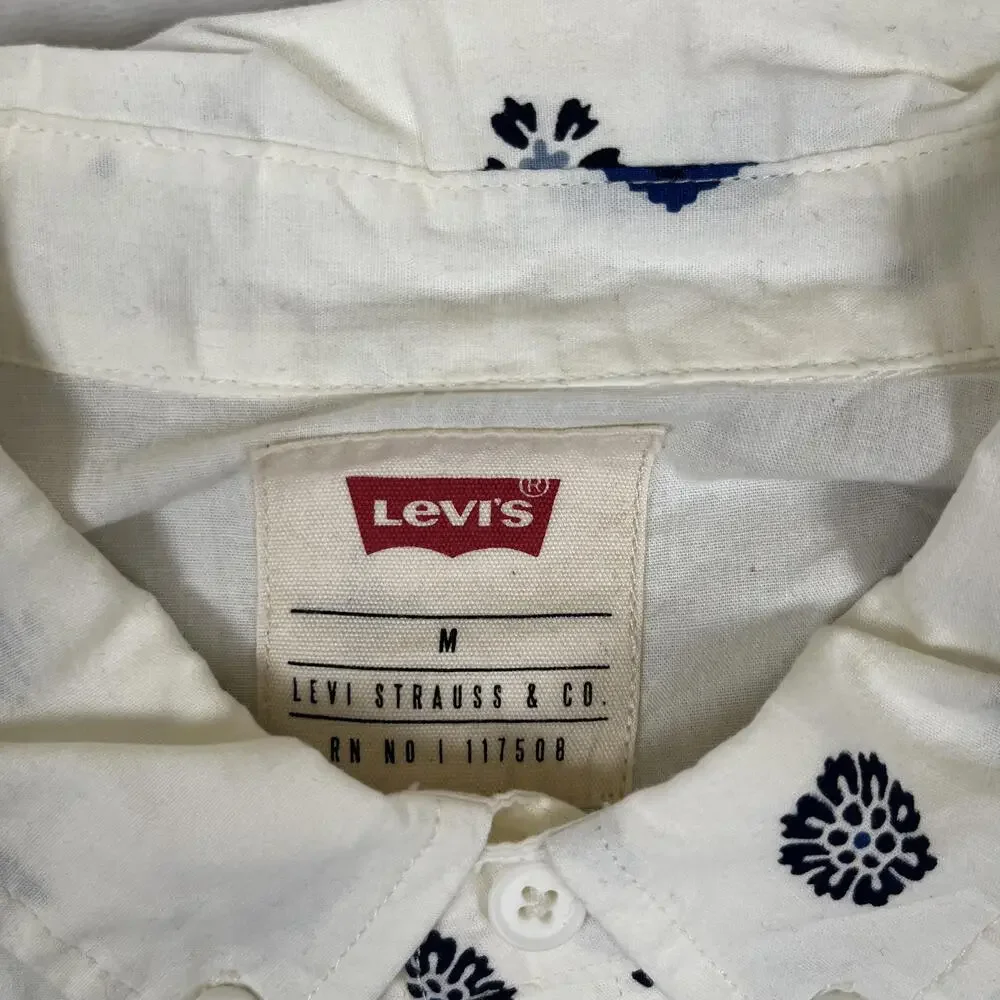 Levi's Shirt Mens Medium White Geometric Short Sleeve Button Front Casual Summer